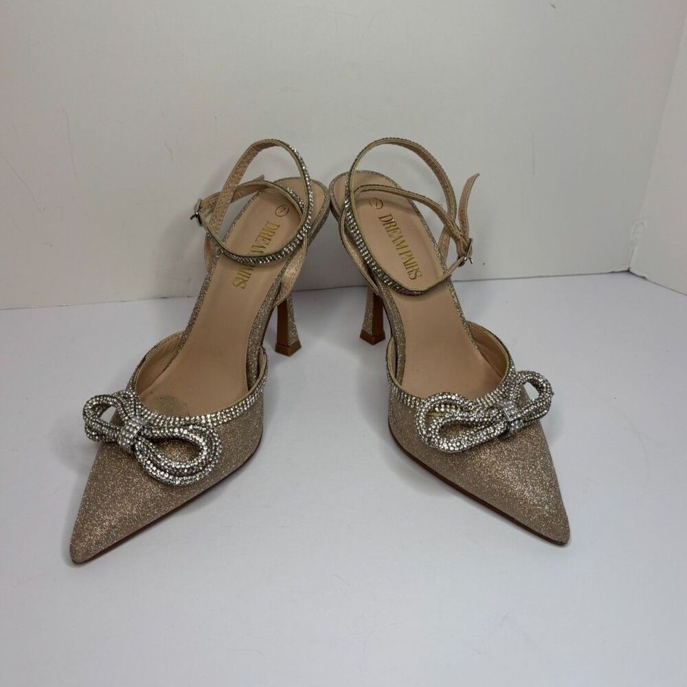 Dream Pairs Destiny Gold Glitter Stiletto Pumps Rhinestone Strap Womens - Picture 4 of 11